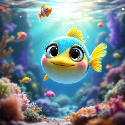 The primary subject of the image is a cute, blue, yellow, and white fish with a pink nose, floating in a vibrant underwater environment. The fish appears to be smiling, and it is surrounded by a variety of colorful fish and coral. The setting is a lively underwater scene, with the fish swimming among the other aquatic creatures. The visual style of the image is a combination of photo and digital art, creating a whimsical and playful atmosphere. The dominant colors in the